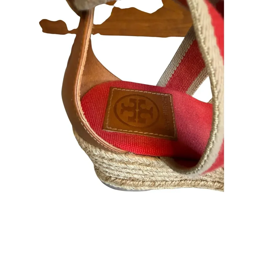 Tory Burch Canvas Wedge Espadrille Sandals Red Tan 7
